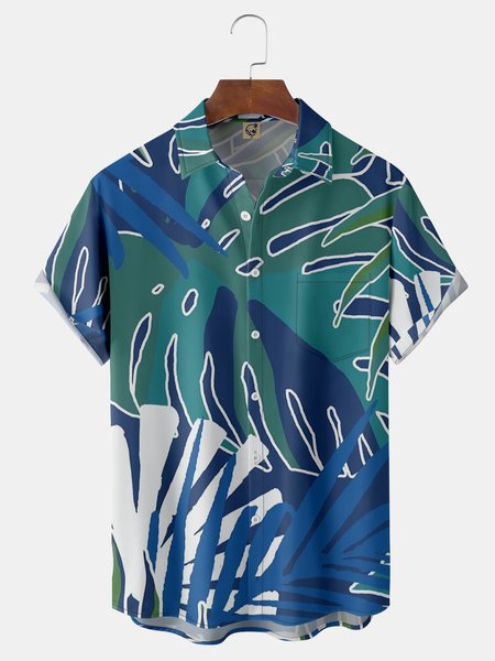 

Leaves Chest Pocket Short Sleeve Hawaiian Shirt, Blue, Men Shirts