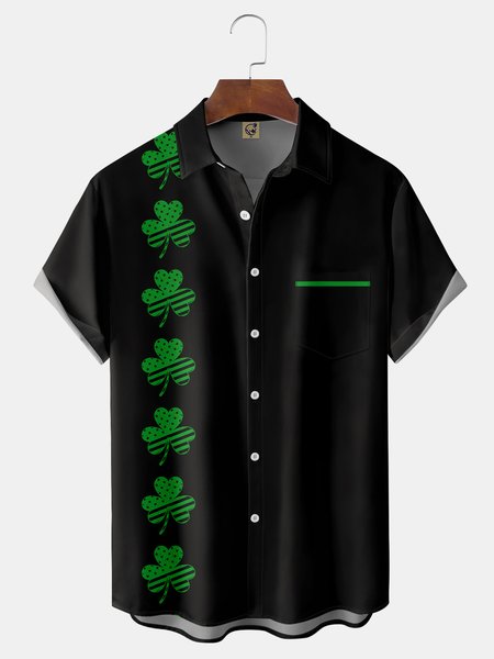 

St. Patrick's Day Clover Chest Pocket Short Sleeve Bowling Shirt, Black, Men Shirts