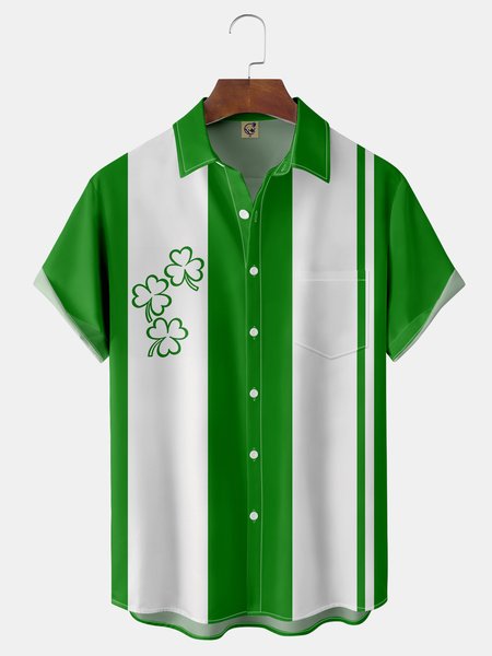 

St. Patrick's Day Clover Chest Pocket Short Sleeve Bowling Shirt, Green, Men Shirts