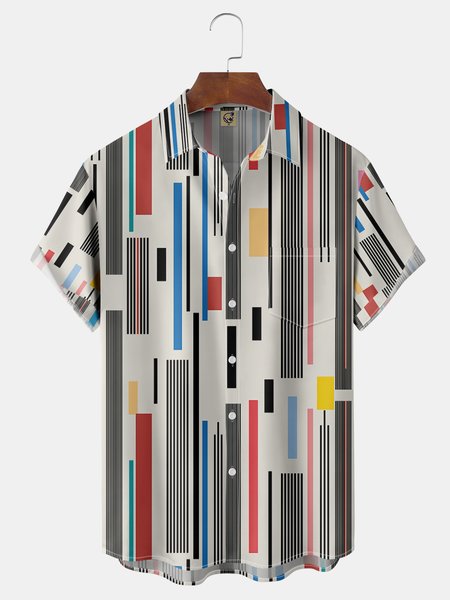 

Geometric Stripe Chest Pocket Short Sleeve Casual Shirt, White, Men Shirts