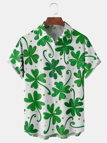 

St. Patrick's Day Chest Pocket Short Sleeve Casual Shirt, White, Men Shirts