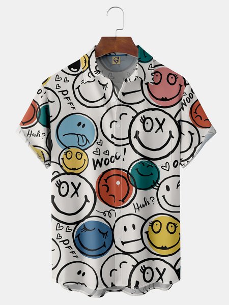 

Face Chest Pocket Short Sleeve Shirt, White, Men Shirts
