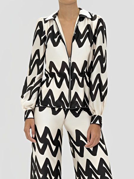 

Loose Shawl Collar Simple Abstract Stripes Jacket, As picture, Jackets