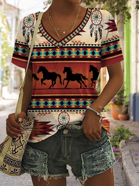 V Neck Regular Fit Ethnic Ethnic T-Shirt, Multicolor, T-Shirts