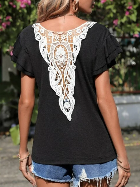 

Crew Neck Casual Plain Lace T-Shirt, Black, T-Shirts