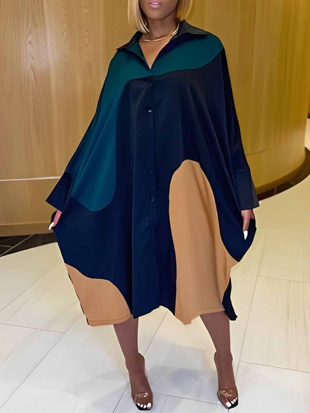 

Color Block Urban Loose Shirt Collar Dress, Multicolor, Midi Dresses