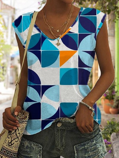 

Geometric V Neck Casual Loose Tank & Cami, Blue, Tanks & Camis