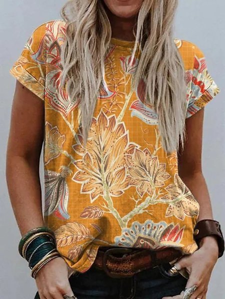 

Crew Neck Floral Casual Loose T-Shirt, Yellow, T-Shirts