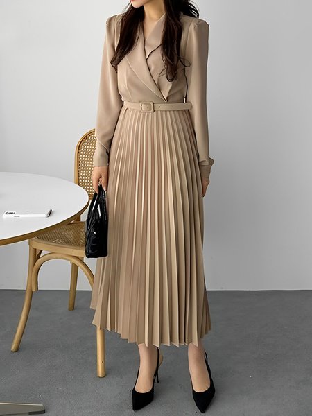 

Plain Lapel Collar Regular Fit Urban Long Sleeve Midi Dress, Khaki, Midi Dresses