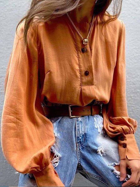 

Simple Elegant Lantern Sleeve Plain Blouse, Orange, Blouses and Shirts