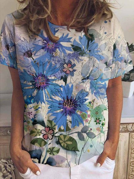 

Women's Cornflower Art Print Casual T-Shirt, Blue, T-shirts