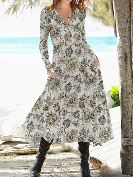 Regular Fit Knitted Buttoned Boho Dress, Multicolor, Dresses