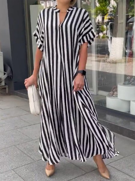 

Casual Striped V Neck Dress, Black, Dresses