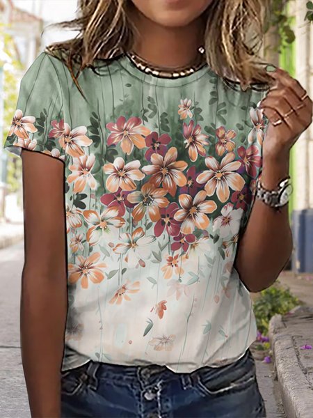 

Women's Floral Simple Crew Neck T-Shirt, Green, T-shirts