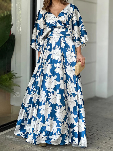 

Floral Elegant Loose V Neck Short sleeve Long Dress, Blue, Maxi Dresses