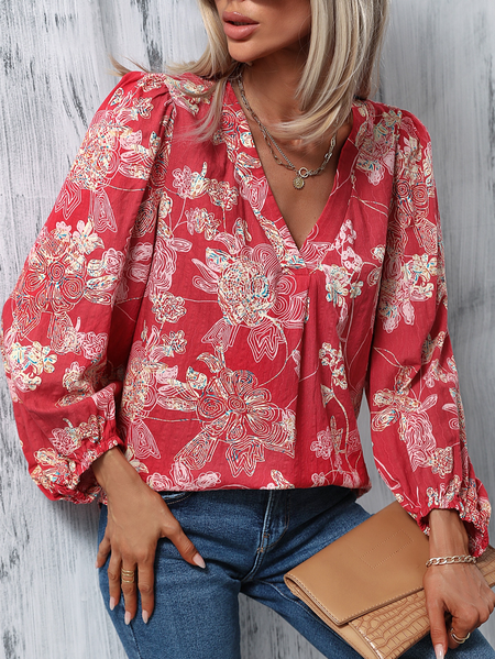 

V Neck Floral Casual Loose Blouse, Red, Shirts & Blouses