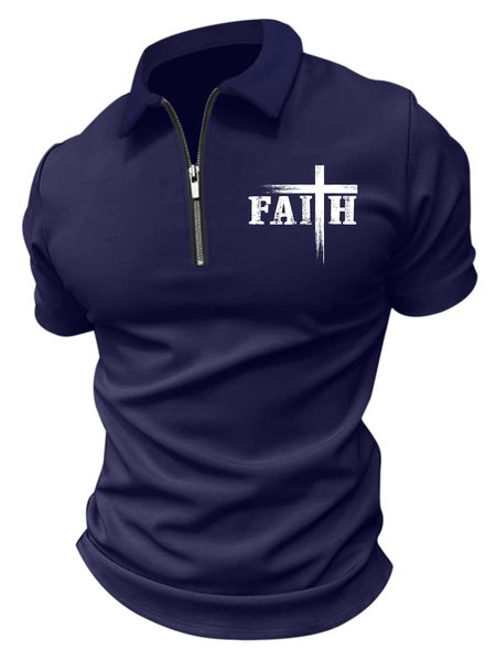 

Men’s Faith Cross Casual Regular Fit Text Letters Polo Collar Polo Shirt, Deep blue, T-shirts