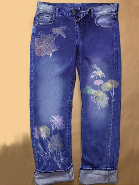 

Art Floral Casual Printed Jeans, Blue, Jeans