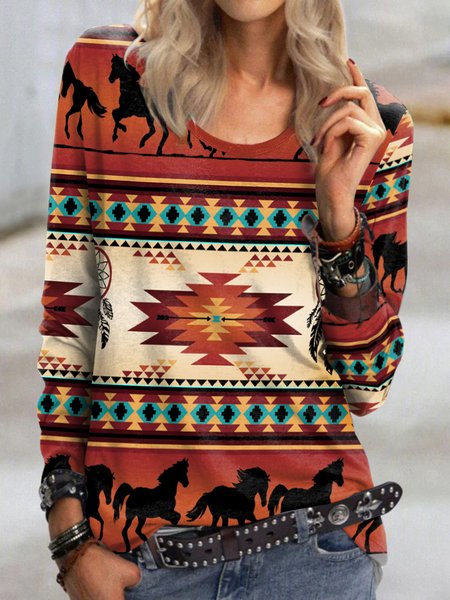 

Ethnic Crew Neck Loose T-Shirt, Multicolor, T-Shirts