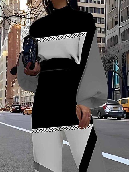 

Stand Collar Geometric Long Sleeve Urban Top, Gray, Blouses and Shirts