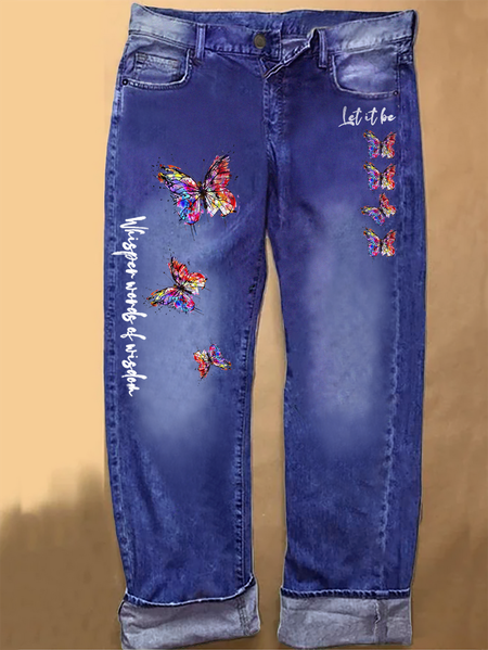 

Women's Whisper Wisdom Let It Be Butterfly Simple Casual Printed Jeans, Blue, Jeans