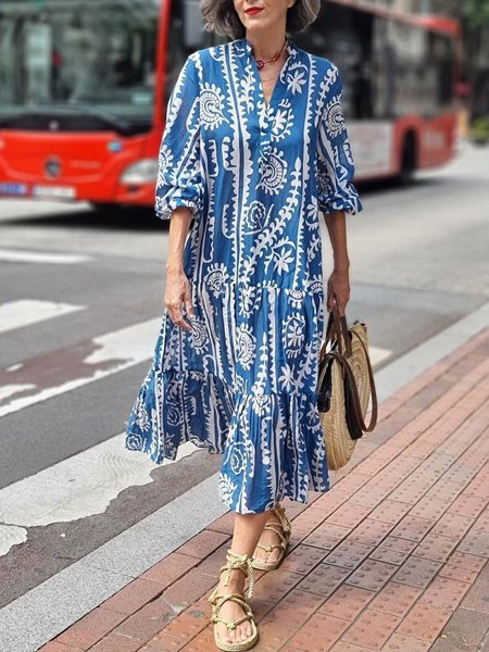 

Ethnic Casual Long sleeve Loose Dress, Blue, Midi Dresses