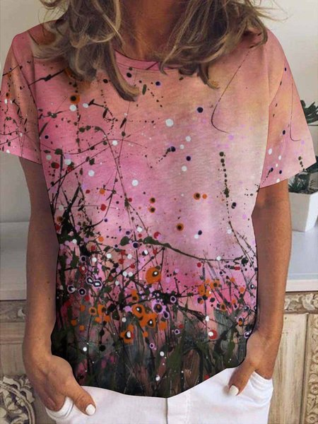 

Women's Floral Art Painting Casual Crew Neck T-Shirt, Pink, T-shirts