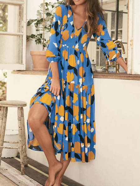 

Casual Puff Sleeve Geometric V Neck Dress, Blue, Dresses