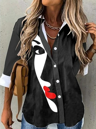 

Loose Abstract Shirt Collar Casual Blouse, Black, Shirts & Blouses