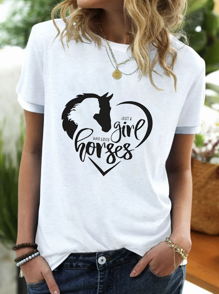 

Horse Crew Neck Loose Casual T-Shirt, White, T-Shirts