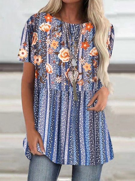 

Floral Crew Neck Vacation Top, Blue, Shirts & Blouses