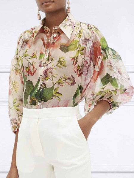 

Shirt Collar Elegant Floral Print Blouse, Multicolor, Blouses and Shirts