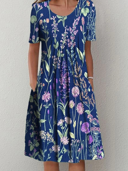 

Crew Neck Casual Floral Loose Dress, Blue, Dresses