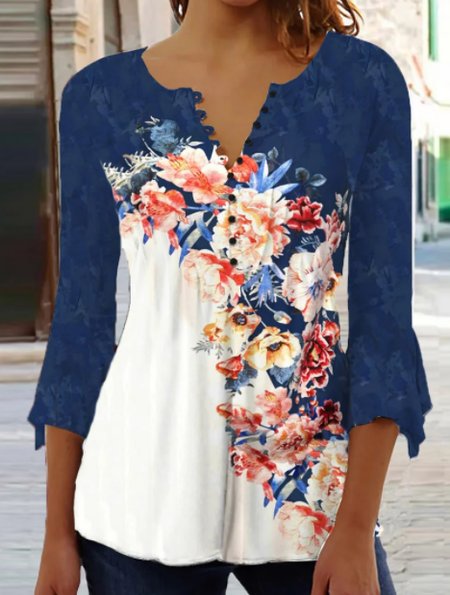 

Casual Regular Fit Floral V Neck Shirt, Dark blue, Shirts & Blouses