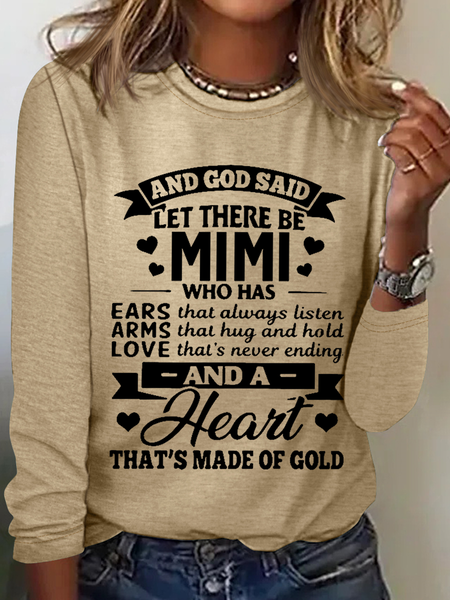 

Women’s Funny Word Mimi Grandma Crew Neck Cotton-Blend Long Sleeve Top, Khaki, Long sleeves