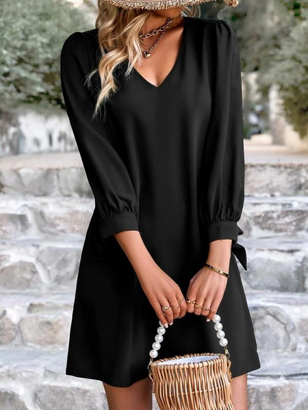 Bow Loose Plain Simple Dress, Black, Dresses