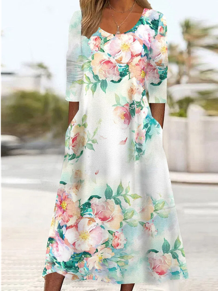 

Floral Loose Crew Neck Casual Dress, Green, Dresses