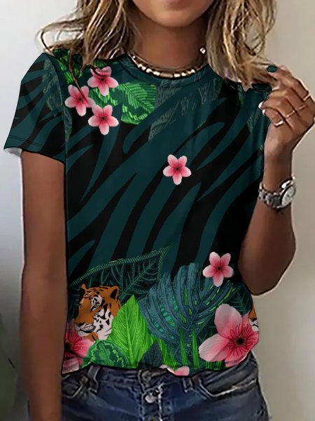 

Lilicloth x Iqs Women's Floral Leaf And Tiger T-Shirt, Green, T-shirts