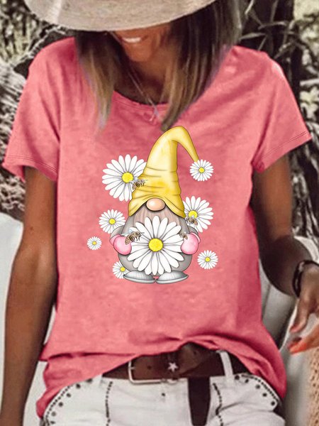 

Women's Gnome Daisy Bee Letters Casual T-Shirt, Pink, T-shirts
