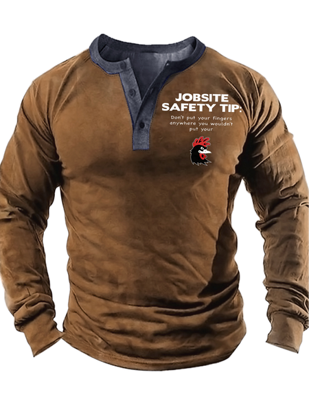 

Men's Jobsite Safety Tip Don't Put Your Fingers Funny Graphic Print Half Turtleneck Regular Fit Casual Top, Khaki, Long Sleeves
