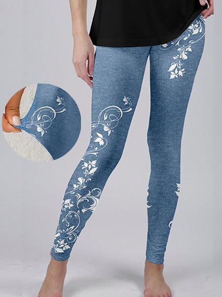 

Tight Floral Casual Leggings, Blue, Leggings