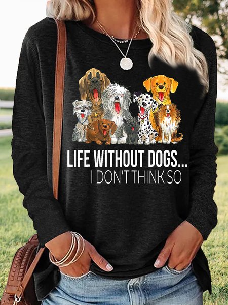 

Women's Dog Lover Casual Crew Neck Top, Black, Long sleeves