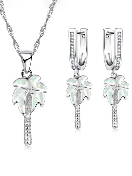 

Silver Opal Coco Motif Dangle Earrings Necklace Set Jewelry, White, Necklaces