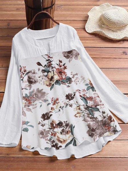 

Loose V Neck Boho Floral Blouse, White, Shirts & Blouses