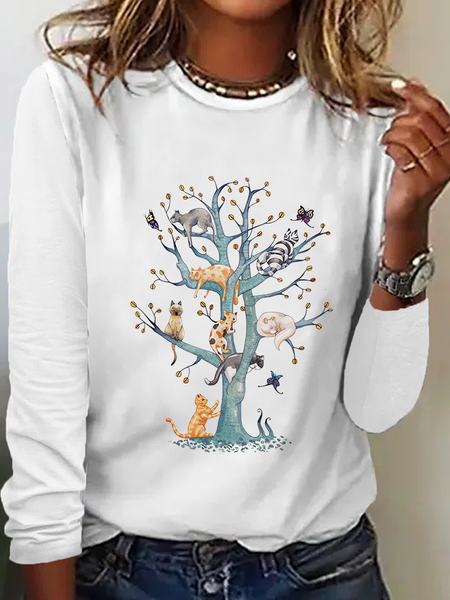 

Women's Funny Cat Tree Simple Crew Neck Long Sleeve Top, White, Long sleeves