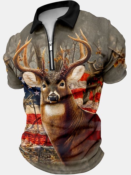 

Men's Deer Funny 3D Graphic Print Regular Fit Casual America Flag Polo Shirt, As picture, T-shirts