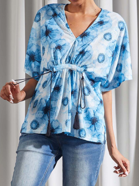 

Boho Regular Fit V Neck Floral Top, Blue, Shirts & Blouses