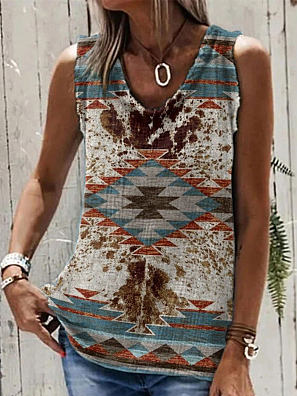 

V Neck Linen Vintage Tank & Cami, Multicolor, Tanks & Camis