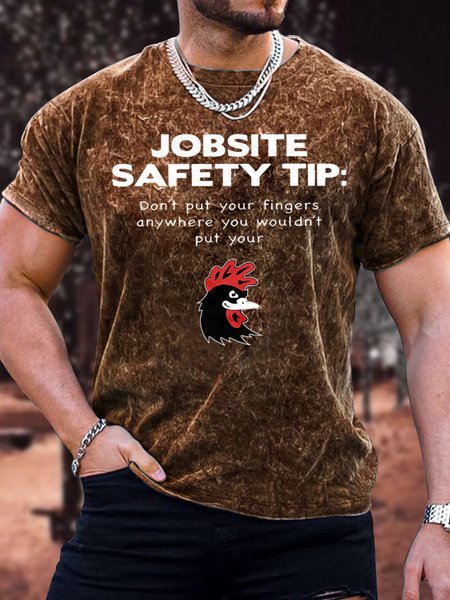 

Men's Jobsite Safety Tip Don't Put Your Fingers Funny Graphic Print Casual Crew Neck Text Letters Loose T-Shirt, Brown, T-shirts