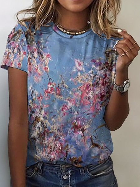 

Women's Plants Flower Print Casual Loose Crew Neck T-Shirt, As picture, T-shirts